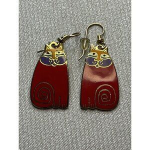 Vintage Signed Laurel Burch Olivia Cat Earrings Enamel Dangle Cat Hook Pierced
